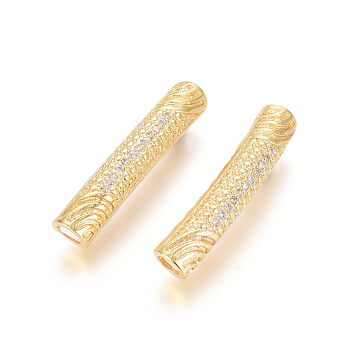 Brass Micro Pave Clear Cubic Zirconia Beads, Long-Lasting Plated, Tube Beads, Golden, 30x6mm, Hole: 4mm