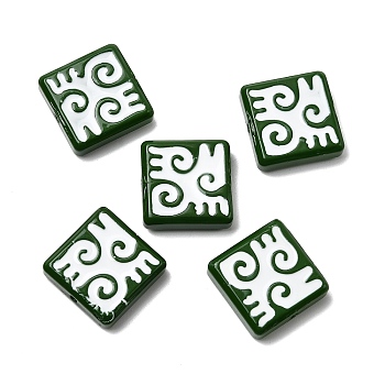 Baking Paint Glass Beads, Square with Symbol, with Enamel, Dark Green, 18x18x6mm, Hole: 1.4mm