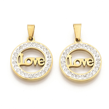 Valentine's Day Theme 201 Stainless Steel Pendants, with Random Size Snap On Bails and Polymer Clay Crystal Rhinestones, Flat Round with LOVE, Golden, 23x20x2.5mm, Hole: 8~10x3~5mm