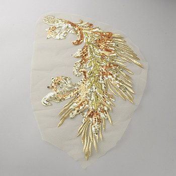 Polyester Embroidery Sew on Appliques, Sewing Craft Decoration, Feather, Gold, 410x265x1.5mm
