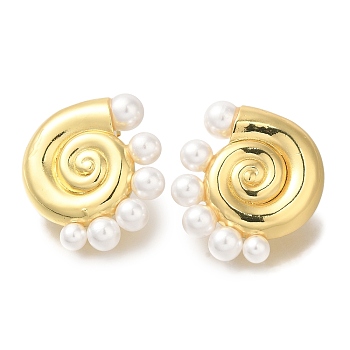 Rack Plating Shell Shape Brass Stud Earrings, with ABS Plastic Pearl, Long-Lasting Plated, Lead Free & Cadmium Free, Real 18K Gold Plated, 29.5x26mm