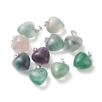 Natural Fluorite Pendants, with Platinum Brass Loops, Heart, 18~19x15~15.5x6~8mm, Hole: 6x2.5~3mm