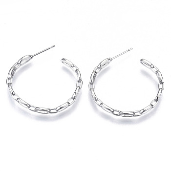 Brass Half Hoop Earrings, Stud Earring, with Stainless Steel Pins, Nickel Free, Ring, Cable Chain Shape, Real Platinum Plated, 31x31mm, Pin: 0.7mm