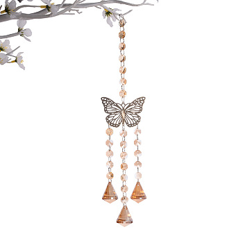 Crystal Teardrop Glass Chandelier Suncatchers Prisms, Sun Catcher Hanging Butterfly Ornament with Iron Chain, Sandy Brown, Butterfly: 80mm, Diamond: 30mm