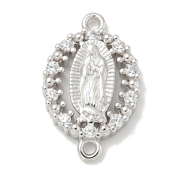 Rack Plating Brass Clear Cubic Zirconia Religion Oval Virgin Mary Connector Charms, Long-Lasting Plated, Lead Free & Cadmium Free, Platinum, 20x12.5x3mm, Hole: 1.6mm