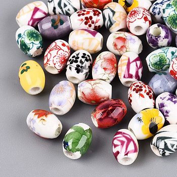 Printed Handmade Porcelain Beads, Famille Rose Porcelain, Barrel with Flower Pattern, Mixed Color, 10x8mm, Hole: 2.5mm