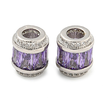 Rack Plating Brass Micro Pave Cubic Zirconia European Beads, Long-Lasting Plated, Lead Free & Cadmium Free, Column, Platinum, Lilac, 11.5x10mm, Hole: 4.5mm