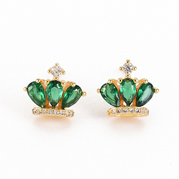 Brass Micro Pave Cubic Zirconia Stud Earrings, Nickel Free, Crown, Green, Real 18K Gold Plated, 9.5x11.5mm, Pin: 0.8mm
