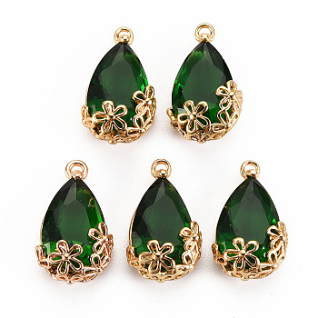 Transparent Glass Pendants, for DIY Jewelry Making, with Brass Findings, Faceted, Teardrop with Flower, Light Gold, Green, 16x9x6mm, Hole: 1.2mm