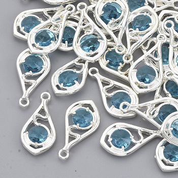Faceted Glass Pendants, with Eco-Friendly Alloy Open Back Settings, Nickel Free, Teardrop, Silver Color Plated, Deep Sky Blue, 21x11x3.5mm, Hole: 1.6mm