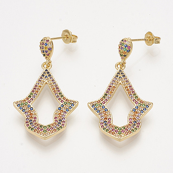 Brass Cubic Zirconia Stud Earrings, Dangle Earrings, with Ear Nuts, Arrow, Colorful, Golden, 38mm, Pin: 1mm