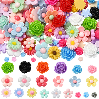 200Pcs 8 Styles Opaque Resin Decoden Cabochons, Flower, Mixed Color, 5.5~20.5x5.5~21x3~9mm