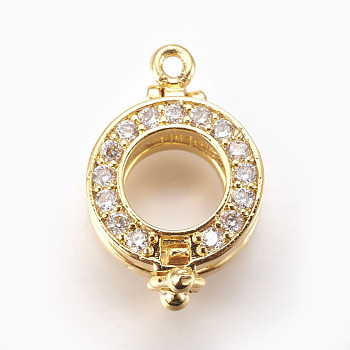 Brass Micro Pave Cubic Zirconia Enhancer Shortener Bails, Hinged Pendant Bails, with Loop, Flat Round, Clear, Real 18K Gold Plated, 20x13x10mm, Hole: 1.4mm