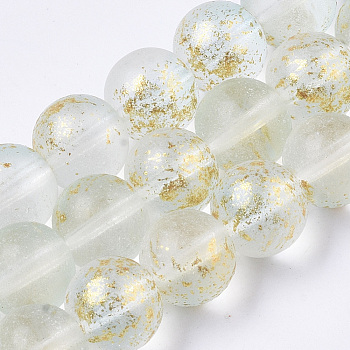 Frosted Spray Painted Glass Beads Strands, with Golden Foil, Round, Azure, 10~11mm, Hole: 1.4~1.6mm, about 39~42pcs/Strand, 14.84 inch~15.27 inch(37.7~38.8cm)