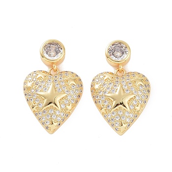 Clear Cubic Zirconia Heart with Star Dangle Stud Earrings, Brass Jewelry for Women, Golden, 29mm, Pin: 0.8mm