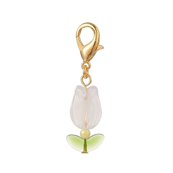 Tulip Opaque Acrylic & Glass Leaf Pendants Decorations, with Zinc Alloy Lobster Claw Clasps, Yellow Green, 46mm