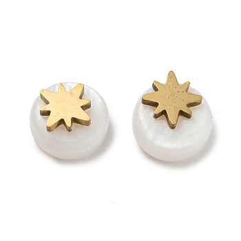 Natural Shell Flat Round Beads, with 304 Stainless Steel Star Ornament, Real 18K Gold Plated, 6x4mm, Hole: 0.6mm