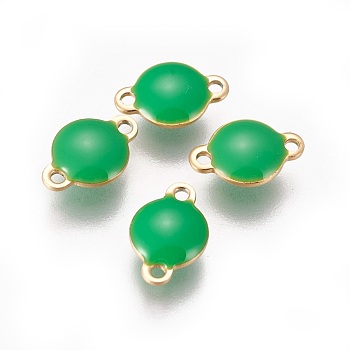 Ion Plating(IP) 304 Stainless Steel Enamel Links connectors, Enamelled Sequins, Flat Round, Golden, Green, 12x8x4mm, Hole: 1.4mm