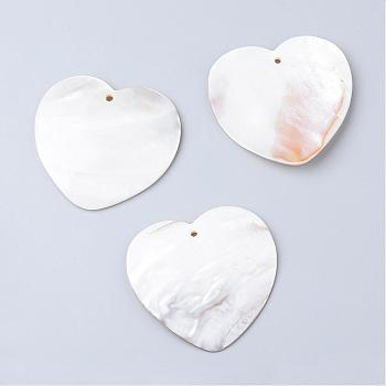 Freshwater Shell Big Pendants, Heart, Floral White, 48~50x48~51.5x2~3mm, Hole: 2mm