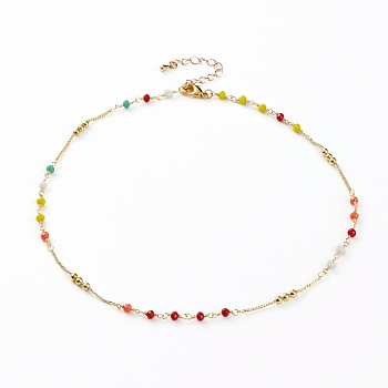 Faceted Glass Beaded Necklaces, with Brass Beads and Lobster Claw Clasps, Round, Real 18K Gold Plated, Colorful, 15-5/8 inch(39.7cm)