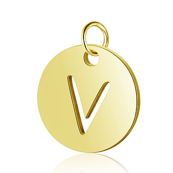 304 Stainless Steel Charms, Flat Round with Letter, Golden, Letter.V, 12x1mm, Hole: 2.5mm