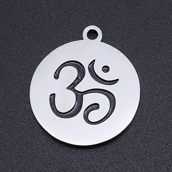 201 Stainless Steel Etched Pendants, Flat Round with Aum/Om Symbol, Stainless Steel Color, 22x19x1.5mm, Hole: 1.8mm
