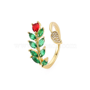 Glass Leaf Open Cuff Ring with Cubic Zirconia(RJEW-S049-012G)-3