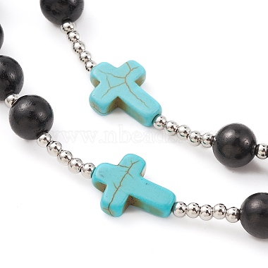 Synthetic Turquoise & Wood Rosary Bead Necklace(NJEW-JN04431)-4