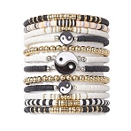 12Pcs Yin-Yang Polymer Clay & Plastic & Alloy Beaded Bracelets, Adjustable Stretch Bracelet Sets, Mixed Color, Inner Diameter: 2-1/8 inch(5.5cm)(BJEW-JB10227)