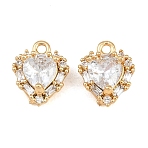 Brass Pave Clear Cubic Zirconia Charms, Heart Charms, Real 18K Gold Plated, 11x8.5x6mm, Hole: 1.2mm(CU-CBA804C-11G)