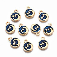 Alloy Enamel Charms, with Crystal Rhinestone with Glitter Powder, Cadmium Free & Lead Free, Flat Round with Moon, Light Gold, Blue, 13x10x2mm, Hole: 1.6mm(ENAM-S126-008-RS)