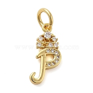Brass Micro Pave Cubic Zirconia Pendants, with Jump Ring, Letter P, 17x8.5x2mm, Ring: 6x1mm, Inner Diameter: 4mm(KK-M273-01G-P)