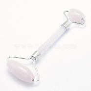 Natural Rose Quartz Brass Face Massager, Facial Rollers, Platinum, 142~150x54~58x19~22mm(MRMJ-G009-12P)