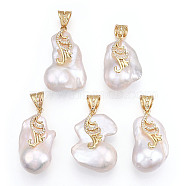 Natural Baroque Pearl Keshi Pearl Pendants, Brass Micro Pave Clear Cubic Zirconia Nuggets Charms with Snap On Bails, Lead Free & Nickel Free & Cadmium Free, Long-Lasting Plated, Real 18K Gold Plated, 30~36x18.5~23x14~20mm, Hole: 8x5mm(PEAR-N020-J26)