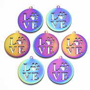 Ion Plating(IP) 201 Stainless Steel Pet Pendants, Etched Metal Embellishments, Flat Round with Word Love & Dog Footprint, Rainbow Color, 33x30x0.3mm, Hole: 2mm(STAS-R114-005)
