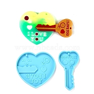 Valentine's Day Theme DIY Pendant Silicone Molds, Resin Casting Molds, For UV Resin, Epoxy Resin Jewelry Making, Heart & Key, Deep Sky Blue, 73x39x6mm, Hole: 3mm(DIY-C009-03G)