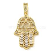 Rack Plating Brass Micro Pave Clear Cubic Zirconia Pendant, Long-Lasting Plated, Lead Free & Cadmium Free, Hanmsa Hand with Star of David, Real 18K Gold Plated, 44x22.5x6.7mm, Hole: 5.7mm(KK-Z067-25G)