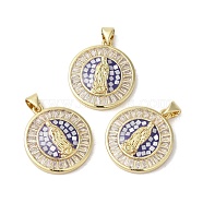 Brass Micro Pave Clear Cubic Zirconia Pendants, with Enamel & Shell, Long-Lasting Plated, Lead Free & Cadmium Free, Real 18K Gold Plated, Flat Round with Virgin Mary, Blue, 23.5x20.5x3.5mm, Hole: 5x3.5mm(KK-K385-025G)