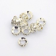 Brass Rhinestone Spacer Beads, Grade A, Rondelle, Silver Color Plated, Crystal, 7x3.3mm(RB-A020-7mm-01S)