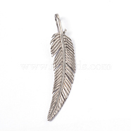 316 Surgical Stainless Steel Big Pendants, Feather, Stainless Steel Color, 57x12x2mm, Hole: 4x9mm(STAS-L184-074)