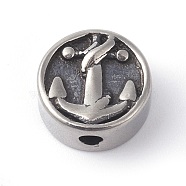 304 Stainless Steel Beads, Flat Round with Anchor & Helm, Antique Silver, 10.5x5mm, Hole: 2mm(STAS-G186-27AS)