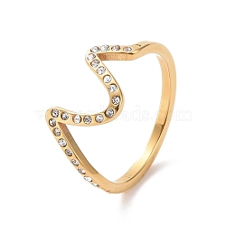 Crystal Rhinestone Wave Finger Ring, Ion Plating(IP) 304 Stainless Steel Jewelry for Women, Golden, US Size 6~9(16.5~18.9mm)(RJEW-D120-21G)