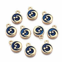 Alloy Enamel Charms, with Crystal Rhinestone with Glitter Powder, Cadmium Free & Lead Free, Flat Round with Moon, Light Gold, Blue, 13x10x2mm, Hole: 1.6mm(ENAM-S126-008-RS)