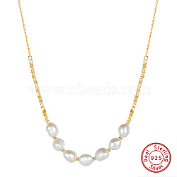 925 Sterling Silver with Natural Pearls Beads Necklaces, Round, Real 14K Gold Plated, 16.06 inch(40.8cm)(NJEW-Z030-08G)