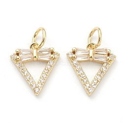 Brass Clear Cubic Zirconia Charms, Long-Lasting Plated, with Jump Ring, Triangle, Golden, 12.5x11x2.5mm, Hole: 3.5mm(ZIRC-B010-11G)