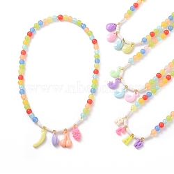 Acrylic Charm Necklace with Round Beaded Chains for Women, Mixed Shape, Mixed Color, 18.50 inch(47cm)(NJEW-JN04165)