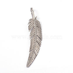 Tarnish Resistant 316 Surgical Stainless Steel Big Pendants, Feather, Stainless Steel Color, 57x12x2mm, Hole: 4x9mm(STAS-L184-074)