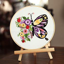 Butterfly & Flower Pattern DIY Embroidery Kits, Including Printed Canvas Fabric, Embroidery Thread & Needles, Imitation Bamboo Embroidery Hoop, Colorful, Hoop: 200mm(DARK-PW0001-154A-01)