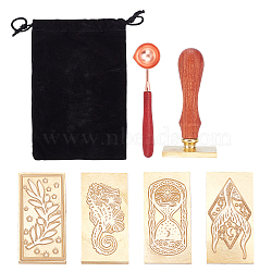 CRASPIRE DIY Scrapbook Making Kits, Including 1Pc Pear Wood Handle, 4Pcs 4 Pattern Wax Seal Brass Stamp Head, 1Pc Brass Wax Sticks Melting Spoon, Mixed Patterns, 4.5x2.3x1.45cm, 1pc/pattern(DIY-CP0005-52A)