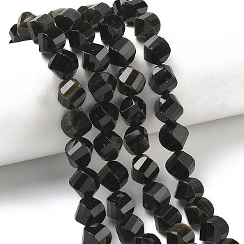 Natural Golden Sheen Obsidian Beads Strands, Faceted, Twist, 10~10.5x9.5~10.5x9.5~10.5mm, Hole: 1mm, about 38~40pcs/strand, 14.96~15.35''(38~39cm)